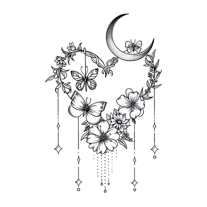 Floral Heart And Moon Wreath Tattoo