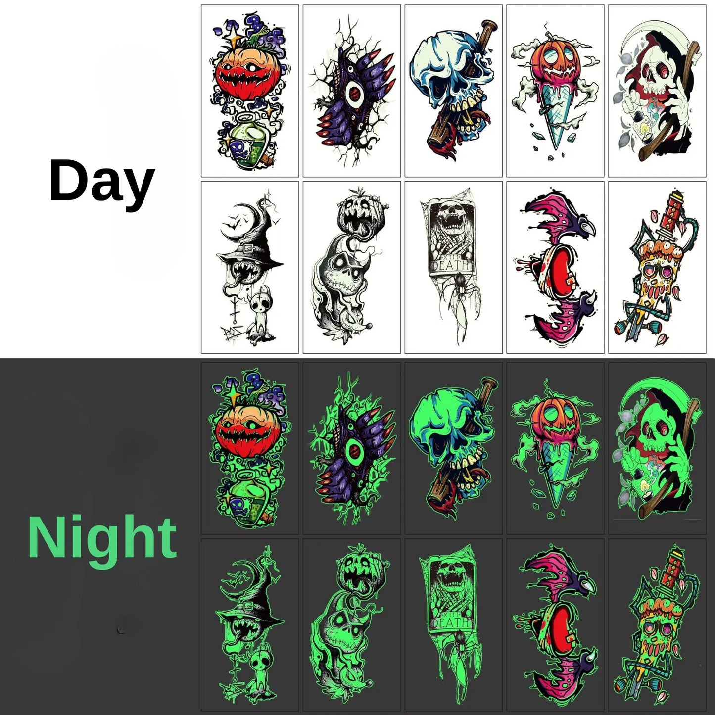 glow in the dark halloween temporary tattoo set - skulls tattoo