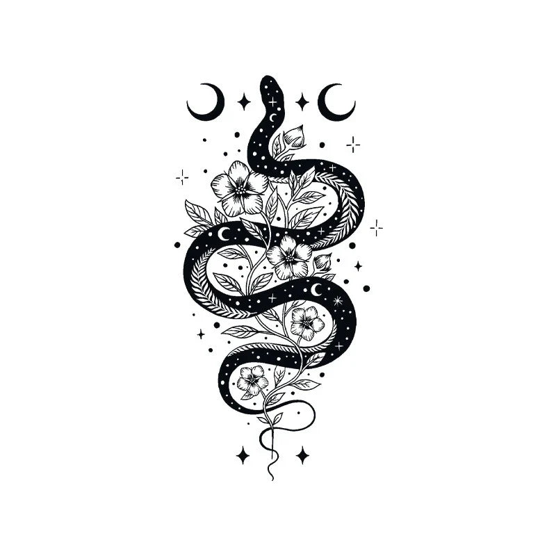 Snake Floral Moon Tattoo