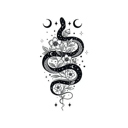 Snake Floral Moon Tattoo