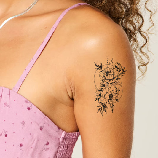 Floral Peony Linework Tattoo