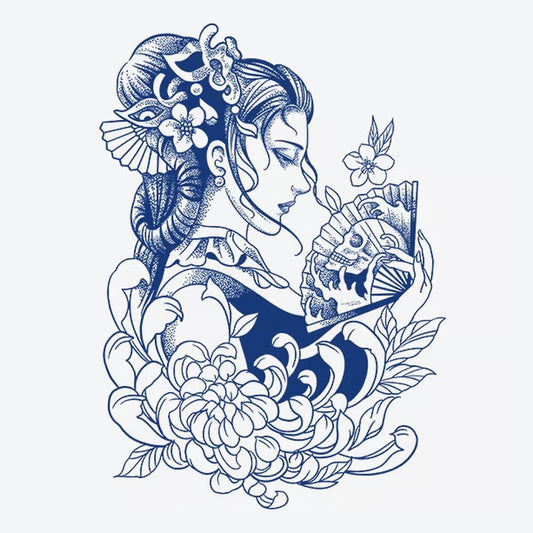 Geisha Fan Floral Tattoo