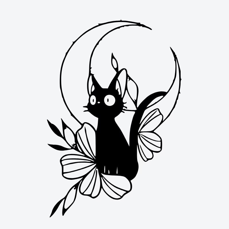 Cat Moon Floral Tattoo