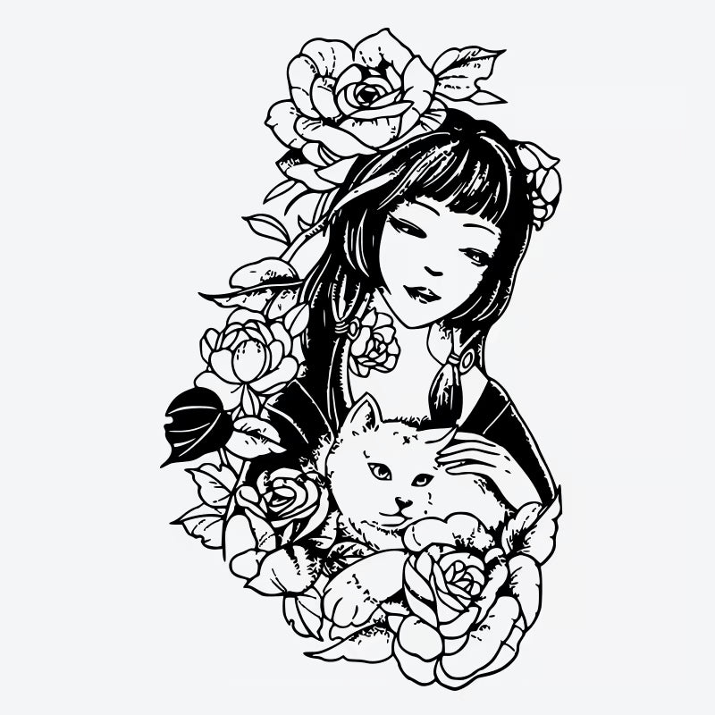 Woman Cat Rose Tattoo