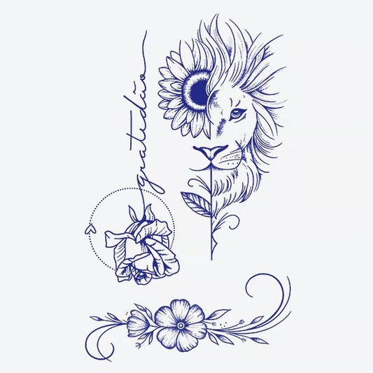 Lion Sunflower Rose Bloom Tattoo