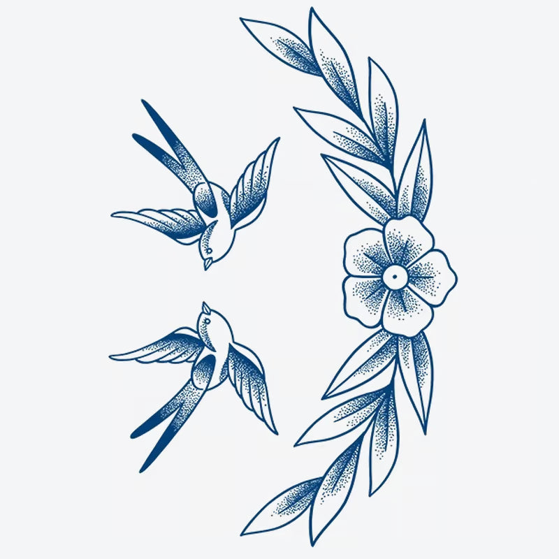 Swallows Flower And Leaves Tattoo
