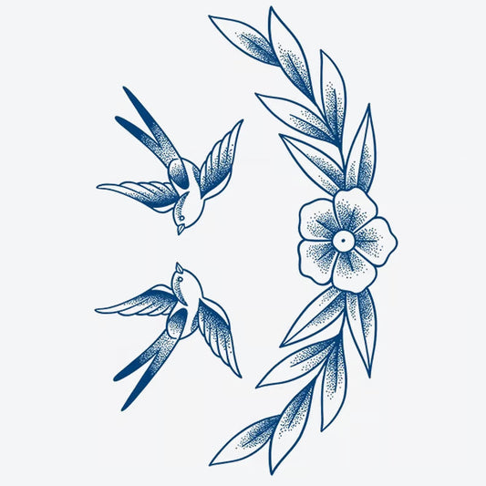 Swallows Flower And Leaves Tattoo