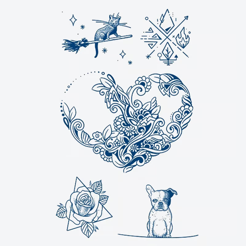 Whimsical Cat Dog Floral Heart Tattoo