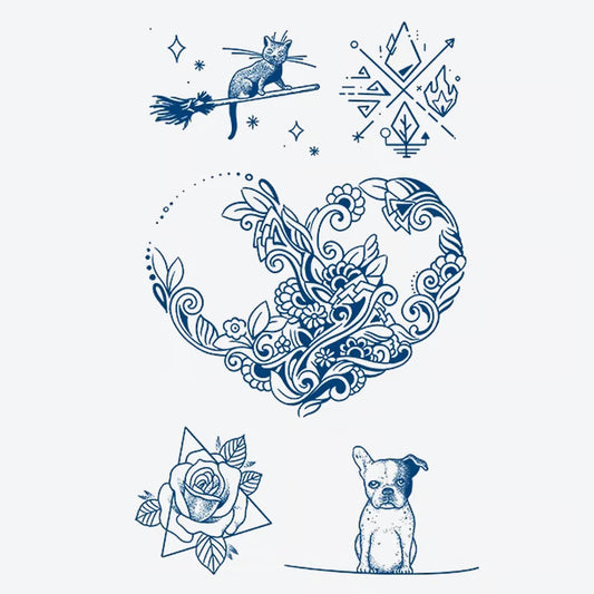 Whimsical Cat Dog Floral Heart Tattoo