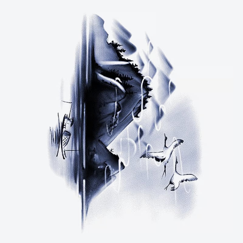 Cranes In Misty Landscape Tattoo