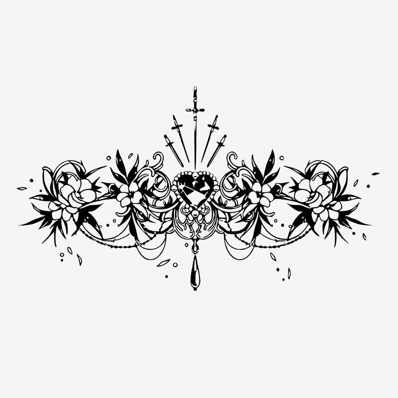 Heart Sword Floral Tattoo