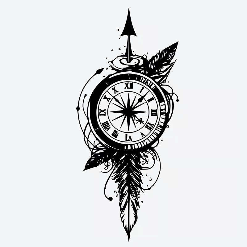 Compass Feather Clock Tattoo