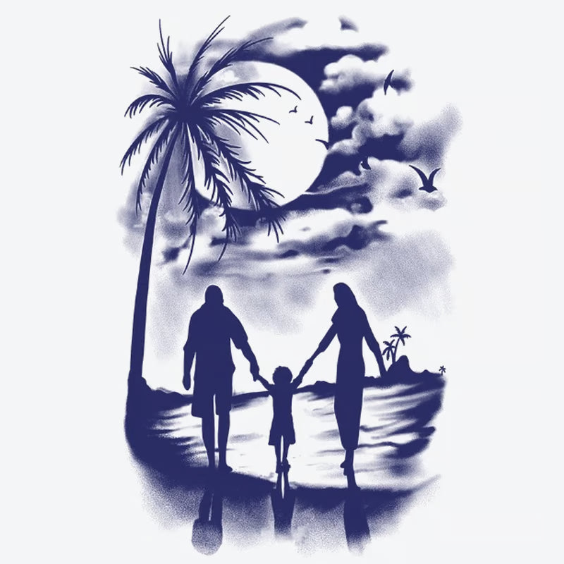 Family Beach Silhouette Moon Palm Tree Tattoo