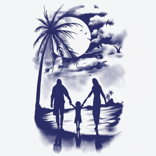 Family Beach Silhouette Moon Palm Tree Tattoo