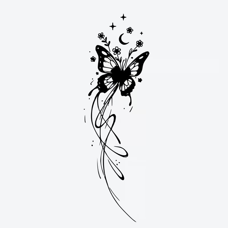 Butterfly Moon Floral Tattoo