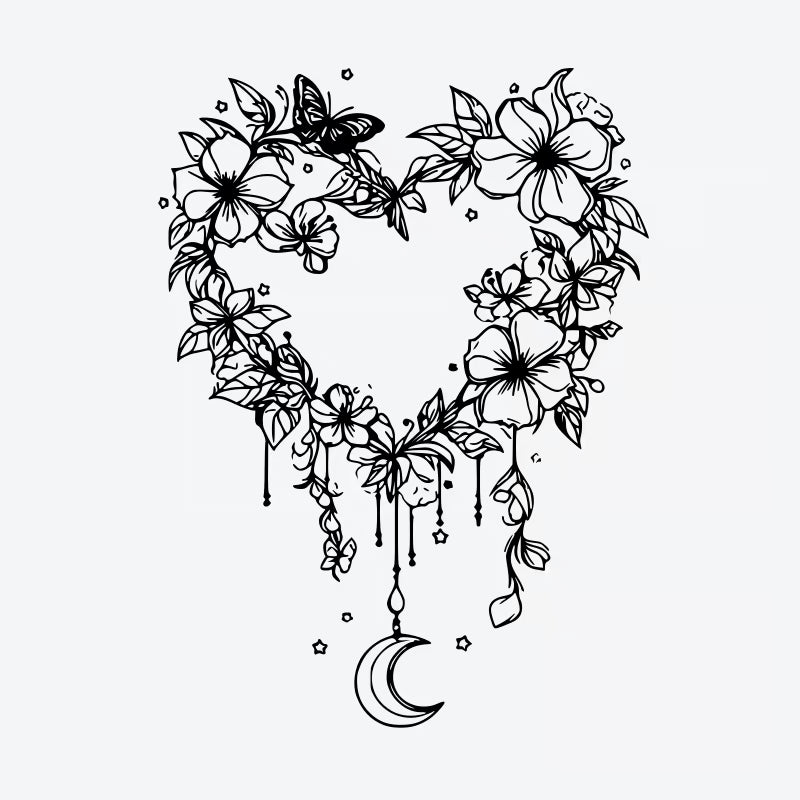 Moonlit Heart Floral Wreath Tattoo