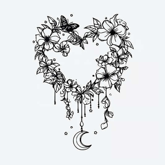 Moonlit Heart Floral Wreath Tattoo