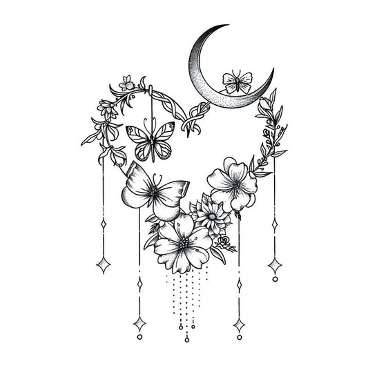 Floral Heart And Moon Wreath Tattoo