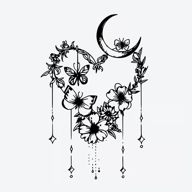 Floral Heart And Moon Wreath Tattoo