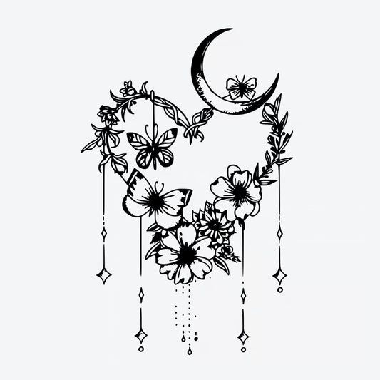 Floral Heart And Moon Wreath Tattoo