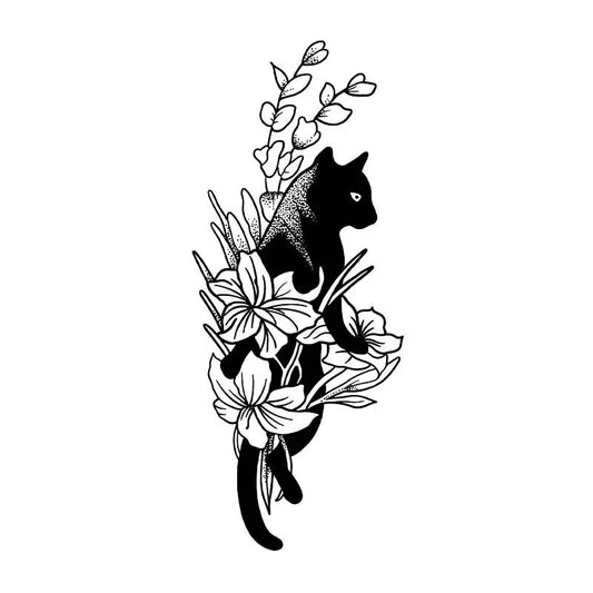 Black Cat Floral Tattoo