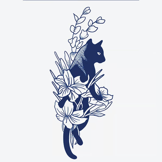 Black Cat Floral Tattoo