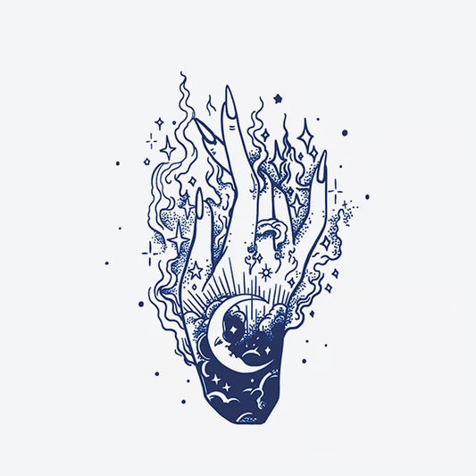 Mystical Hand Moon Flame Tattoo
