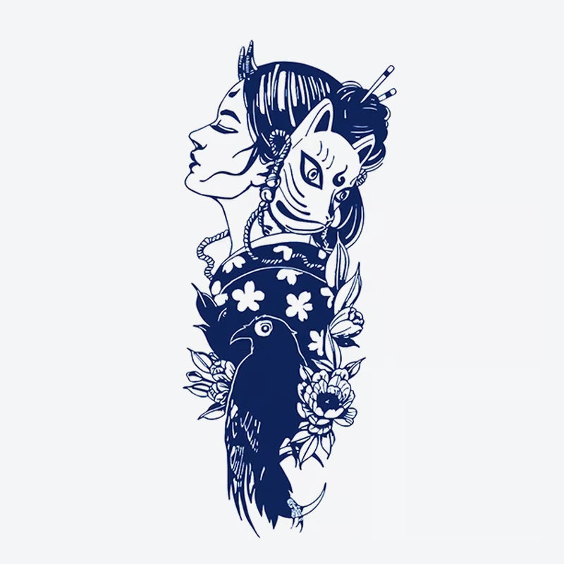 Geisha Fox Crow Floral Tattoo