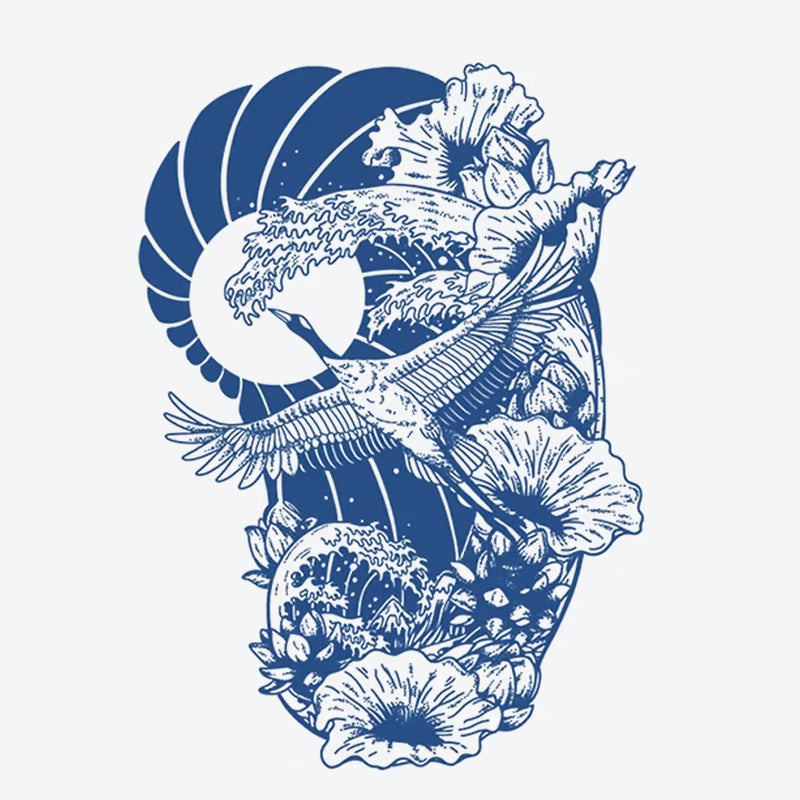 Ocean Wave Crane Floral Tattoo