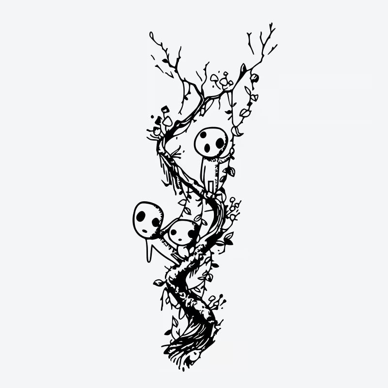 Whimsical Characters On Twisted Vine Tattoo