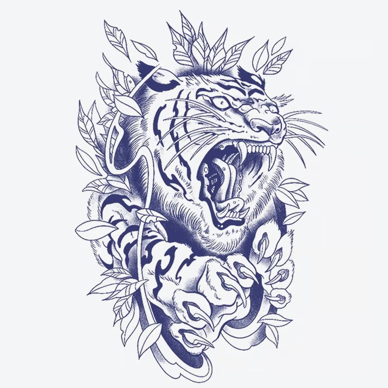 Roaring Tiger With Leaves Tattoo