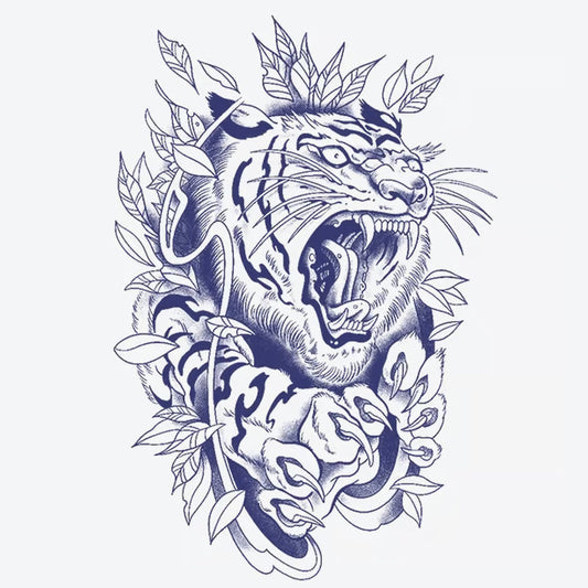 Roaring Tiger With Leaves Tattoo