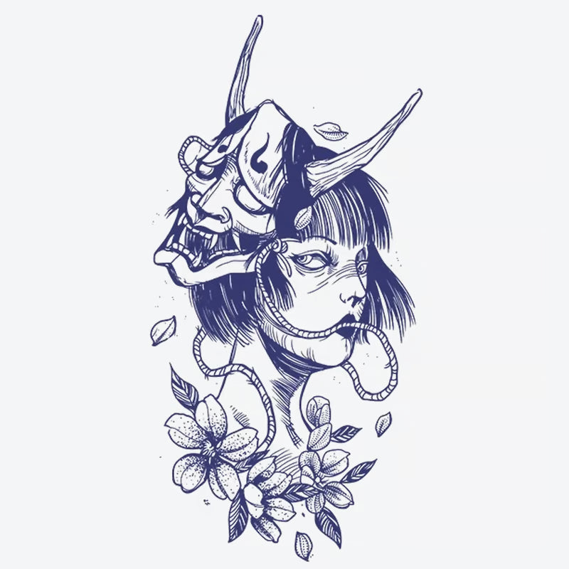 Samurai Mask Floral Woman Tattoo