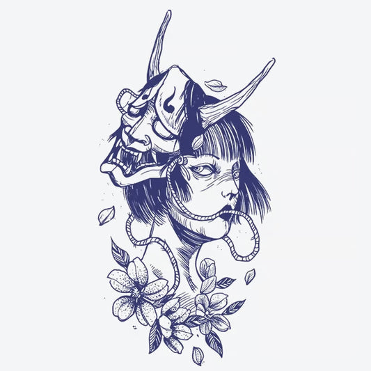 Samurai Mask Floral Woman Tattoo