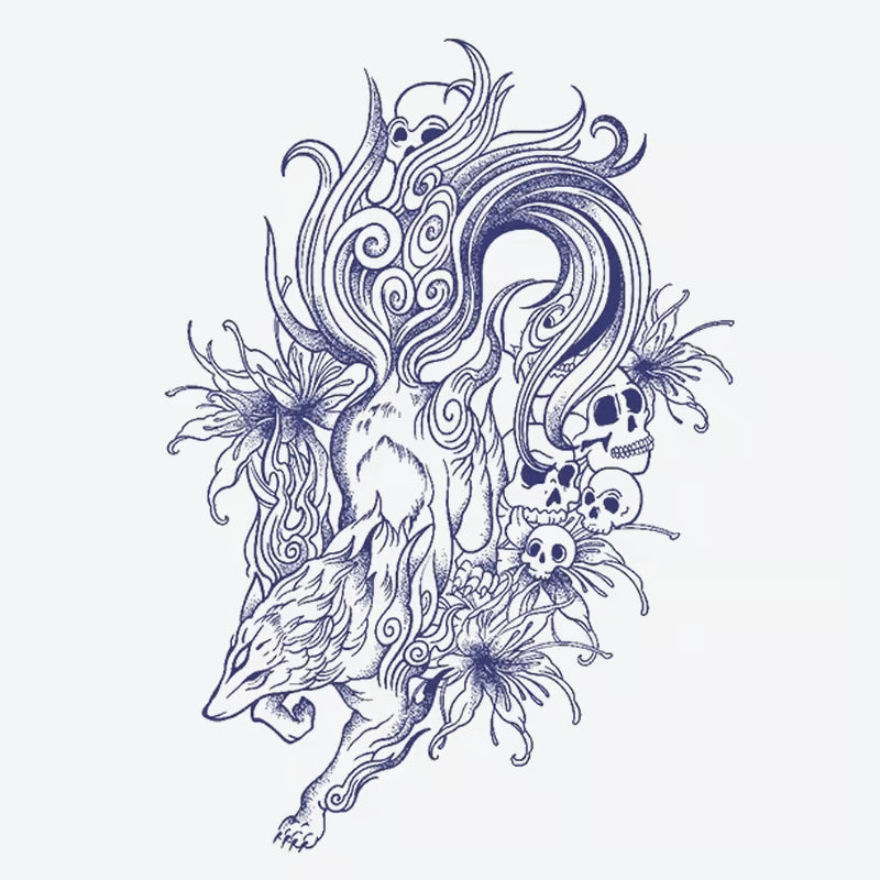 Wolf Skull Floral Tattoo