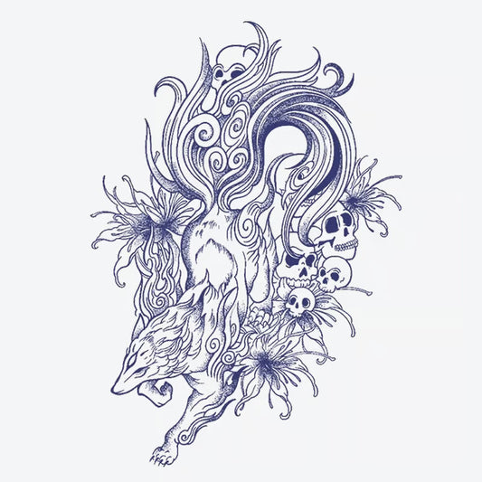 Wolf Skull Floral Tattoo