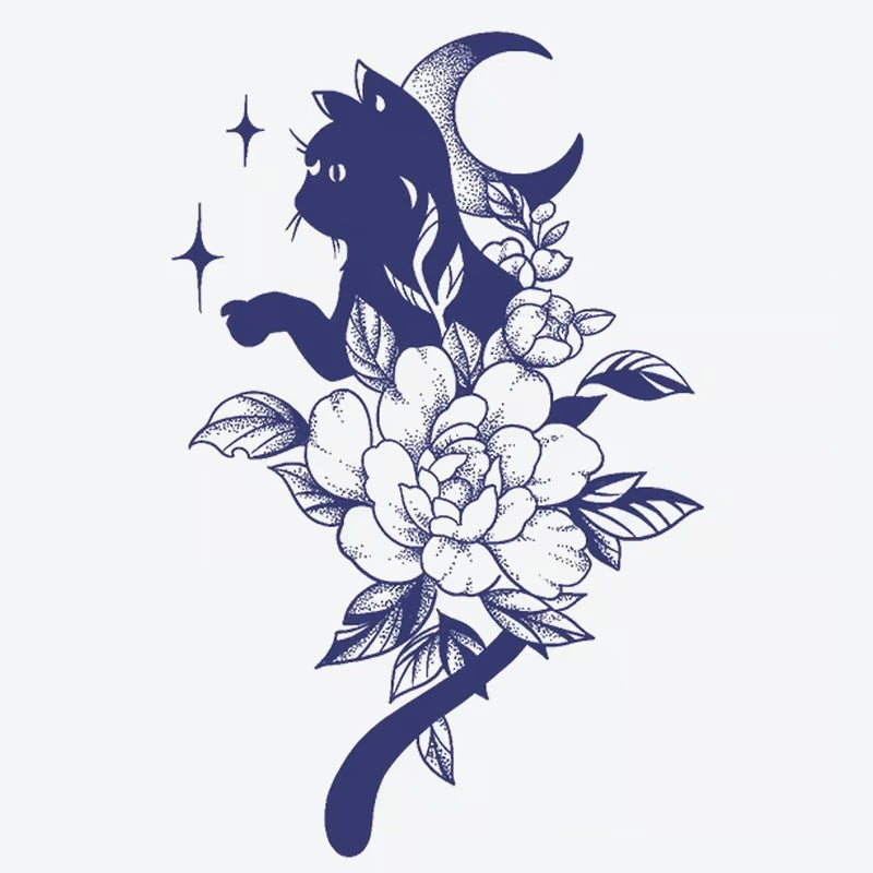Cat Moon Floral Tattoo