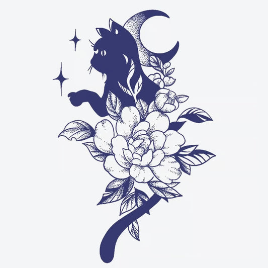 Cat Moon Floral Tattoo