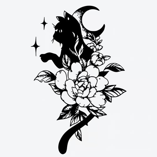 Cat Moon Floral Tattoo
