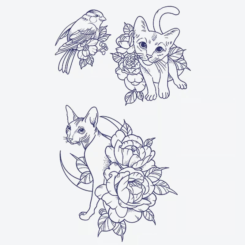 Bird And Cat Floral Tattoo