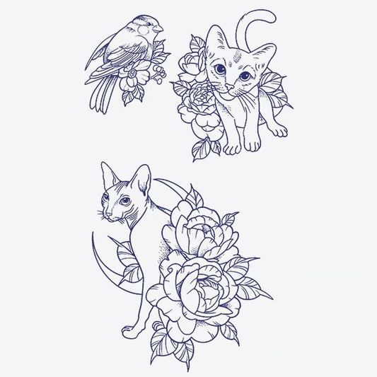 Bird And Cat Floral Tattoo