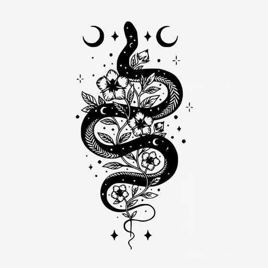 Snake Floral Moon Tattoo
