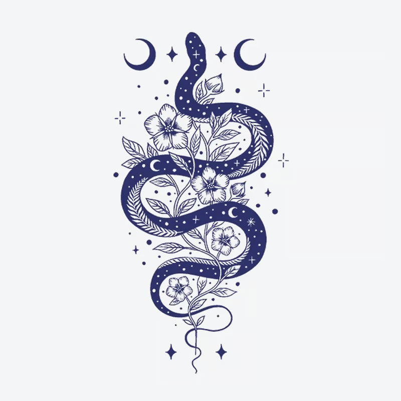 Snake Floral Moon Tattoo