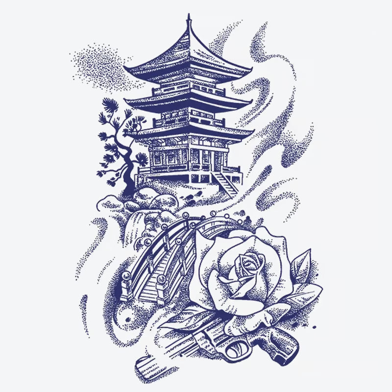 Pagoda Rose Bridge Gun Tattoo