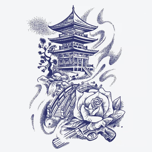 Pagoda Rose Bridge Gun Tattoo