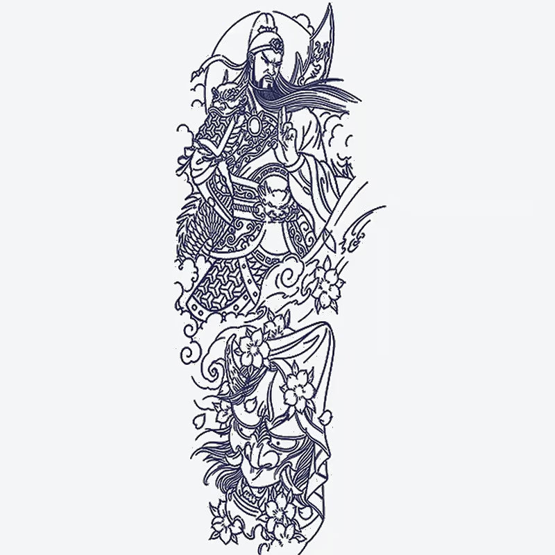Mythical Warrior And Blossom Tattoo Sleeve Tattoo