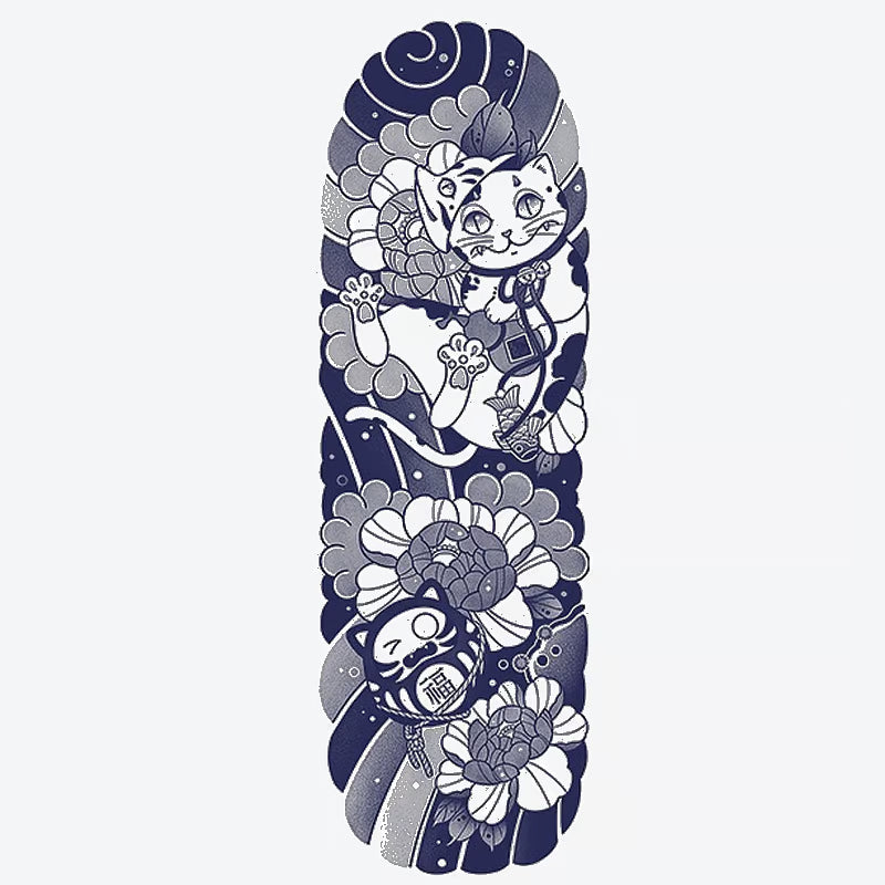 Cat Flower Waves Sleeve Tattoo