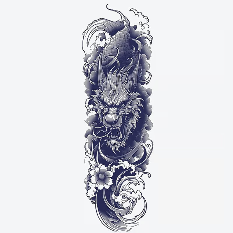 Dragon Wave Flower Sleeve Tattoo