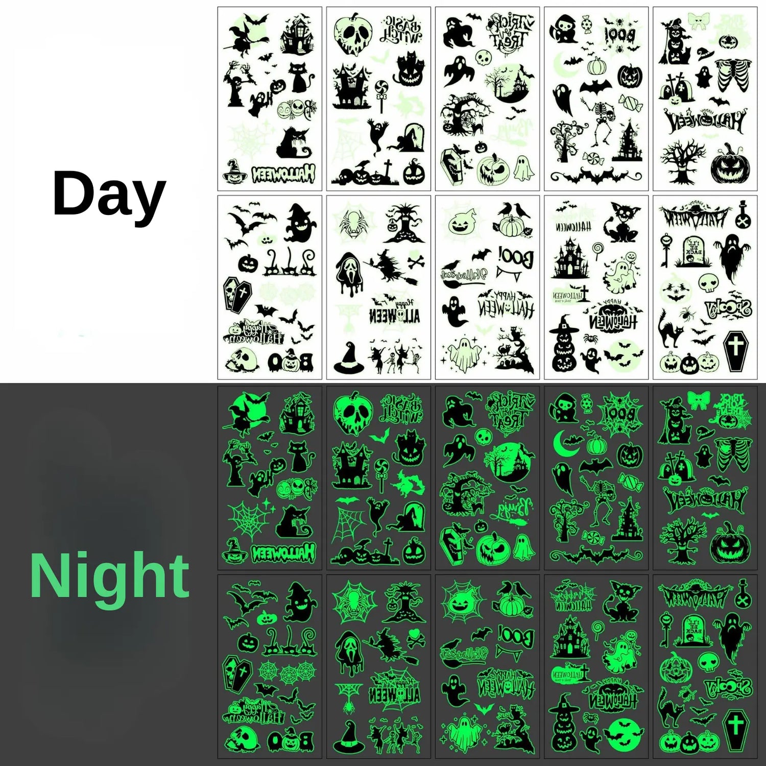 glow in the dark halloween temporary tattoo set - black and white tattoo